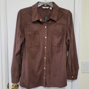 Denim & Co Brown Faux Suede Snap Front Shirt Jacket  Womens 1X Western NEW
